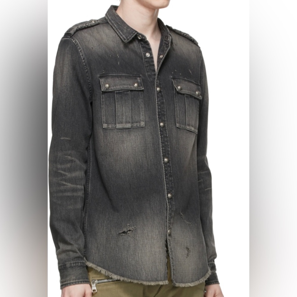 Balmain Grey Denim Embossed Logo Shirt Sz 38/M
